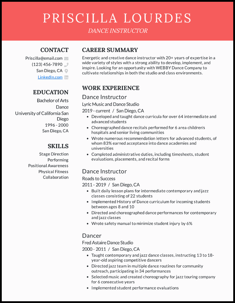 dance resume template