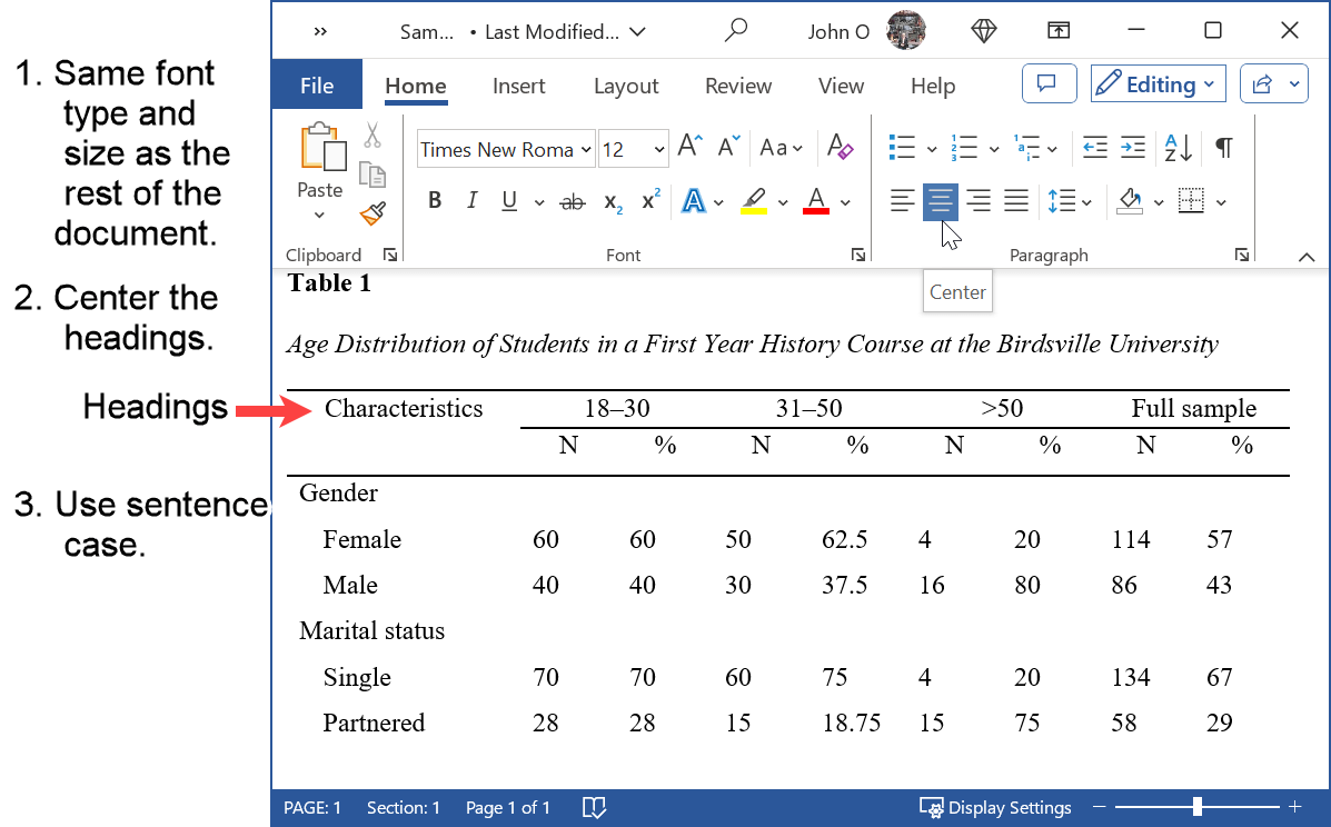 APA Format For A Table Using Microsoft Word