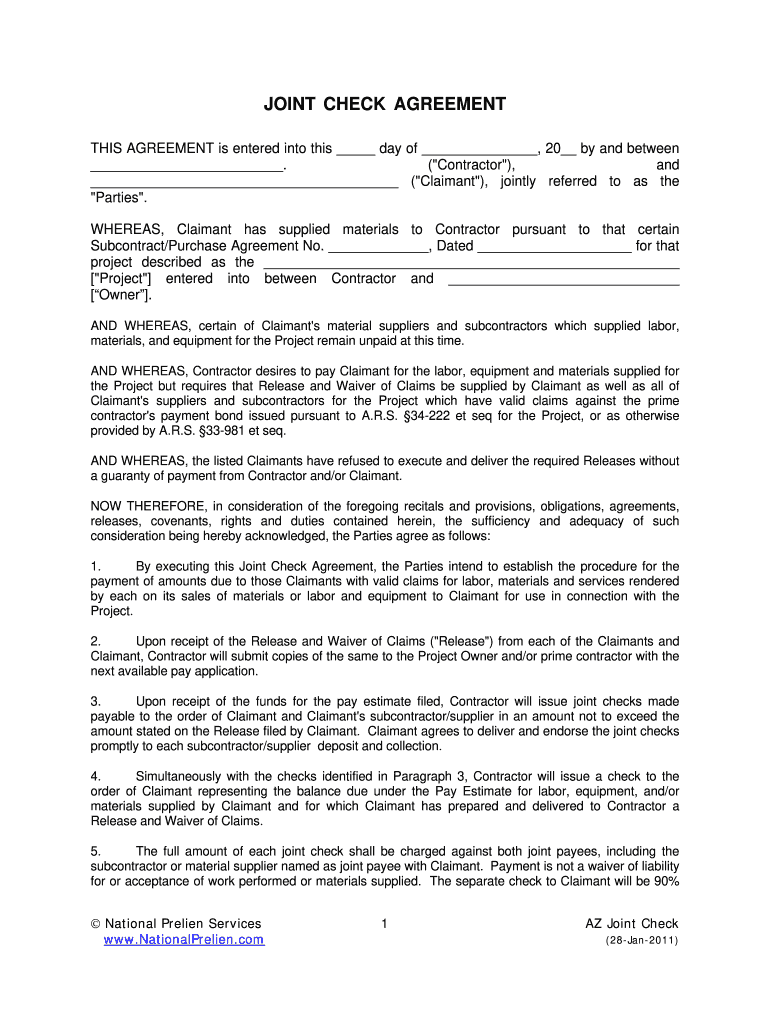 Arizona Joint Check Agreement Fill Out Sign Share Online PdfFiller