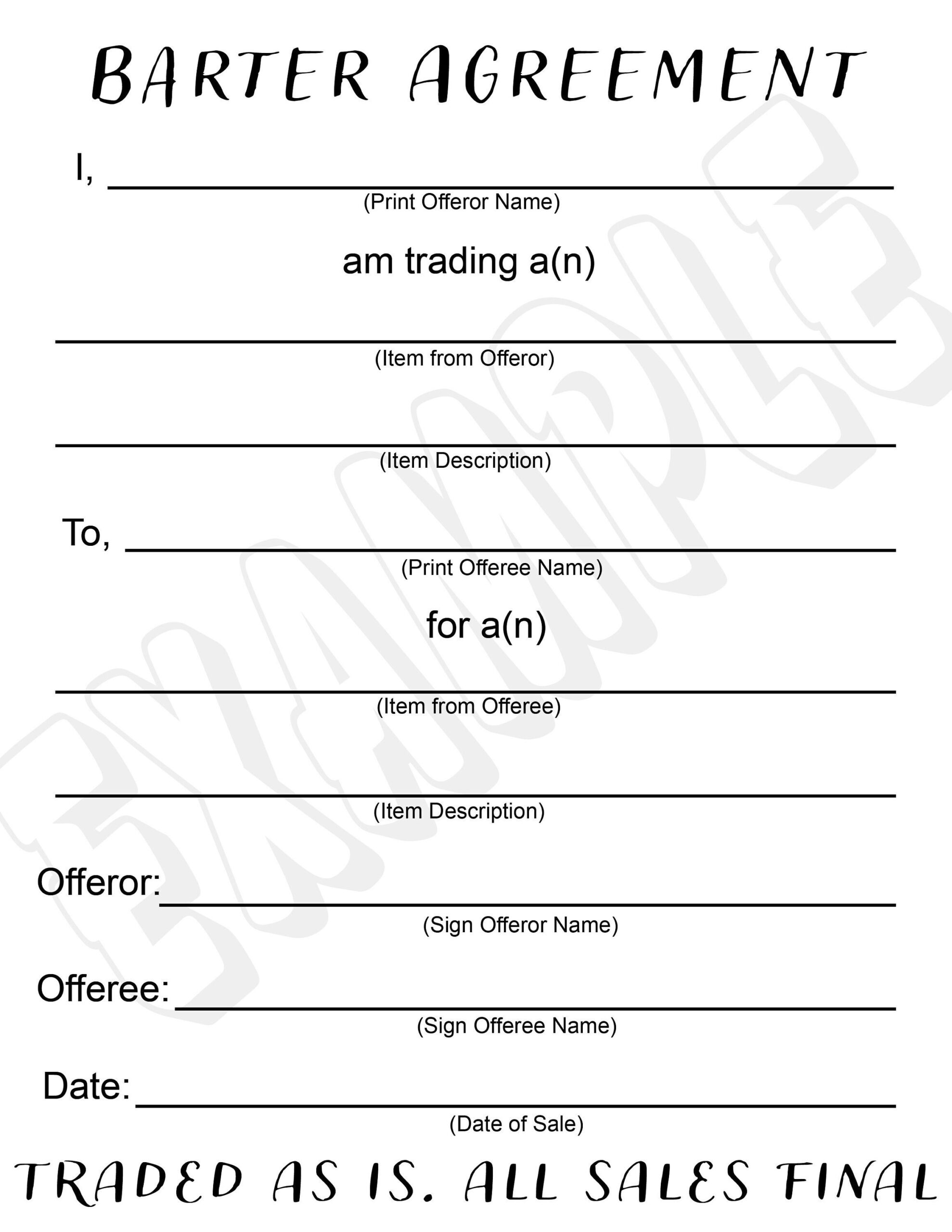 Barter Agreement Trading Contract Plain Blank Form Printable PDF JPEG 8 5 X11 Etsy Israel