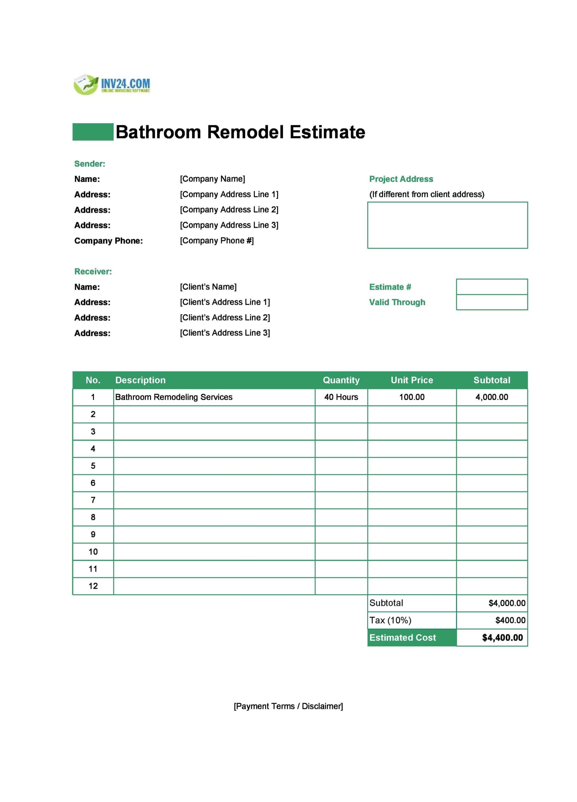 bathroom remodel estimate template