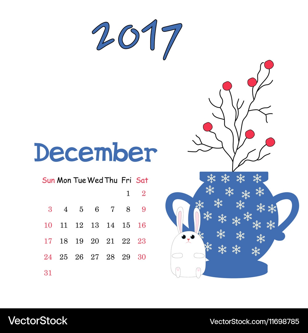 Calendar December 2017 Template Week Royalty Free Vector VectorStock