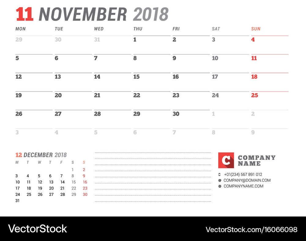 Calendar Template For November 2017 Business Royalty Free Vector VectorStock