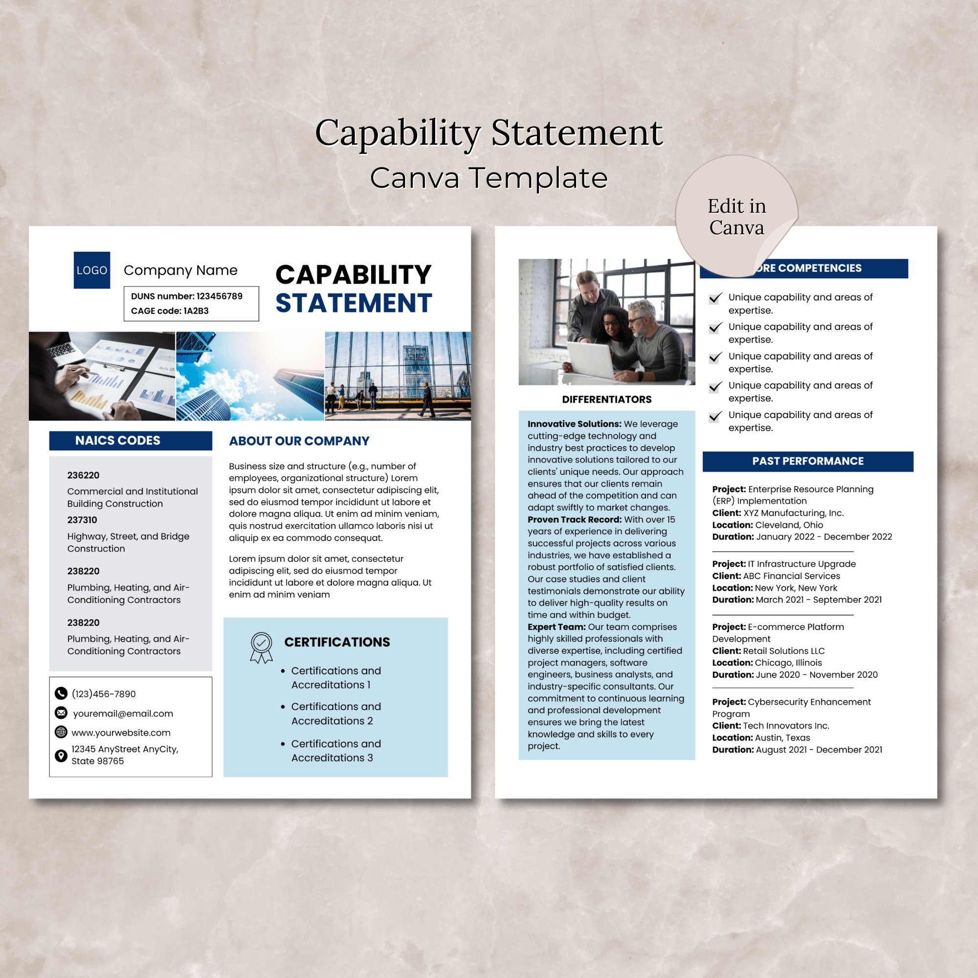 Capability Statement Canva Template Editable Capability Statement Document Government Contracting Business Document Template Construction Etsy Ireland