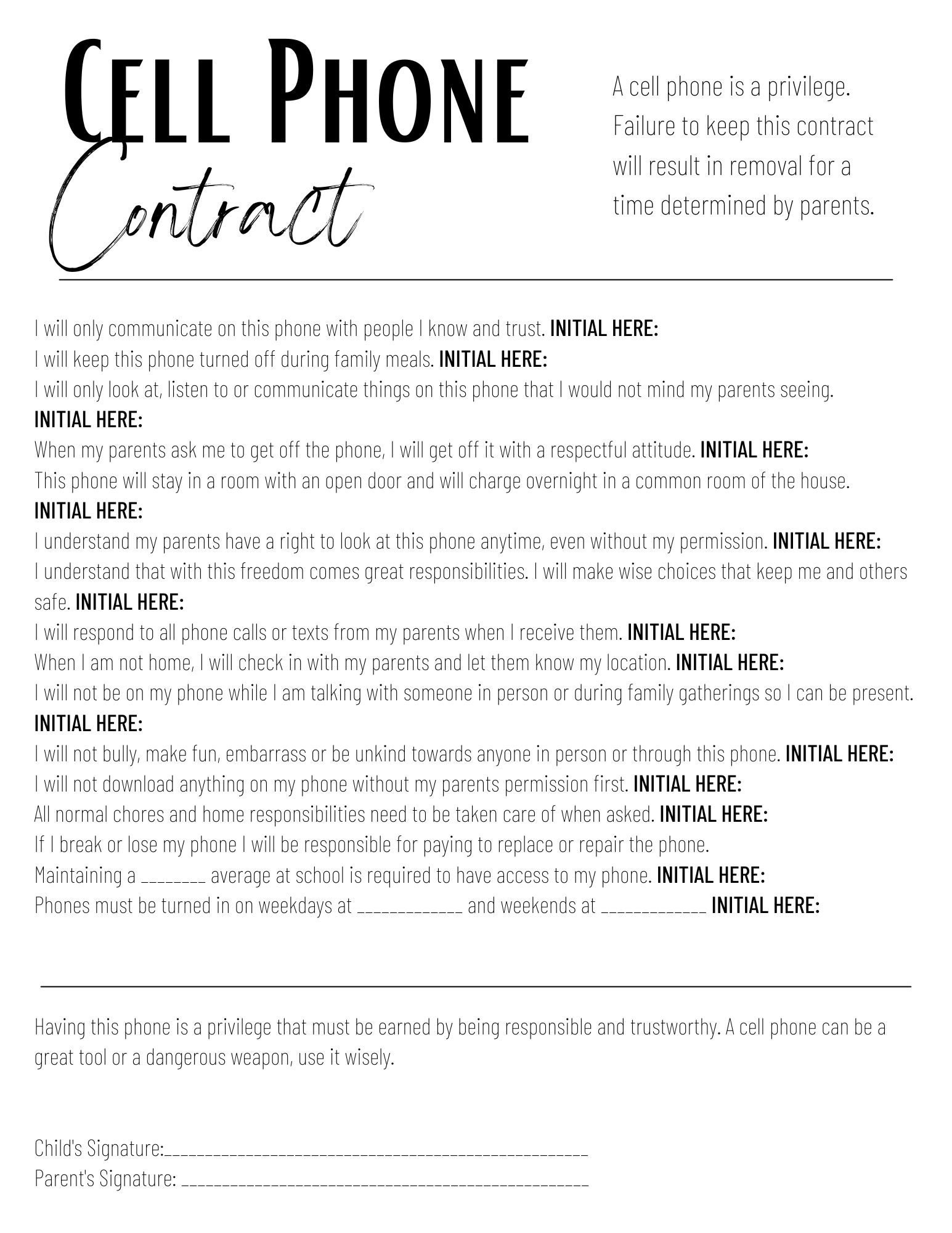 Cell Phone Contract printable Digital Download Etsy