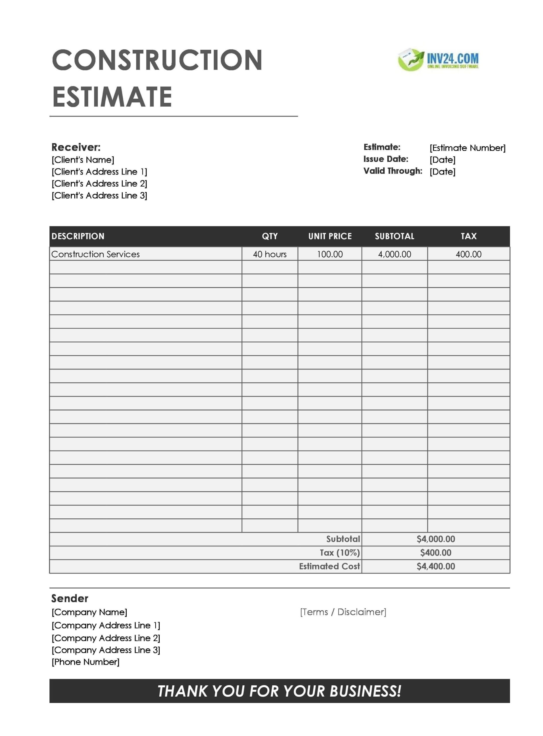 Construction Estimate Template Excel Google Sheets Construction Estimate Template Excel Google Sheets