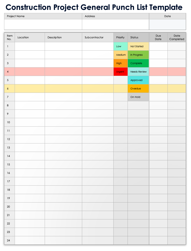 Construction Punch List Templates Free Customizable Smartsheet