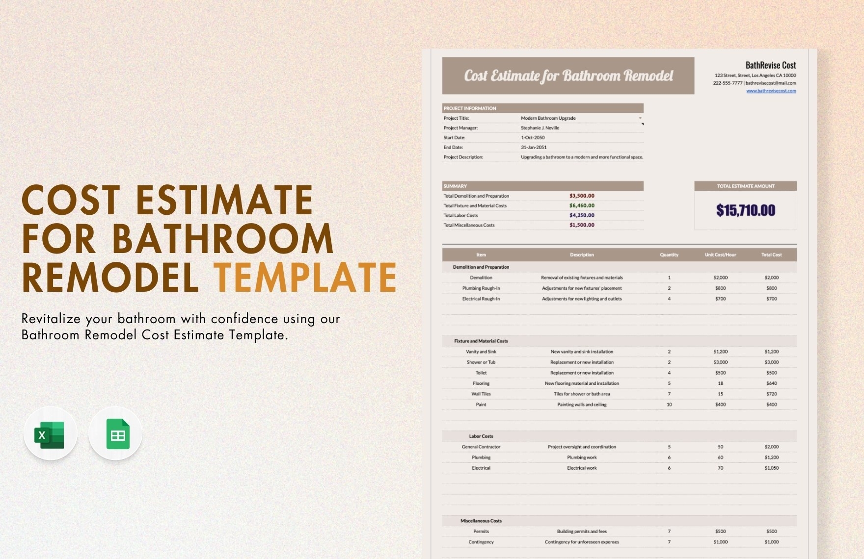 Cost Estimate For Bathroom Remodel Template In Excel Google Sheets Download Template