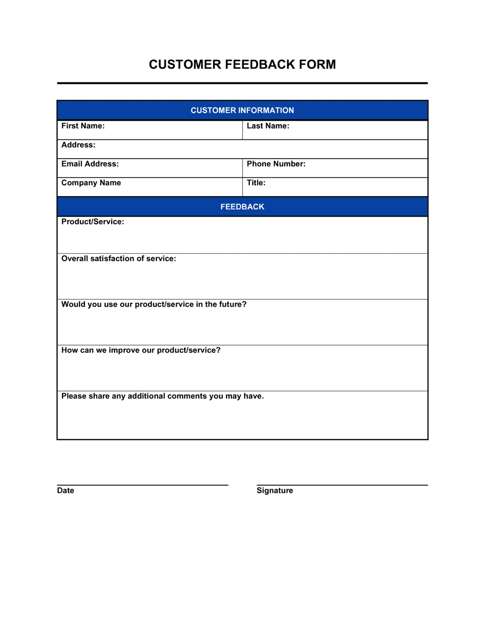 Customer Feedback Form Template Free Word PDF