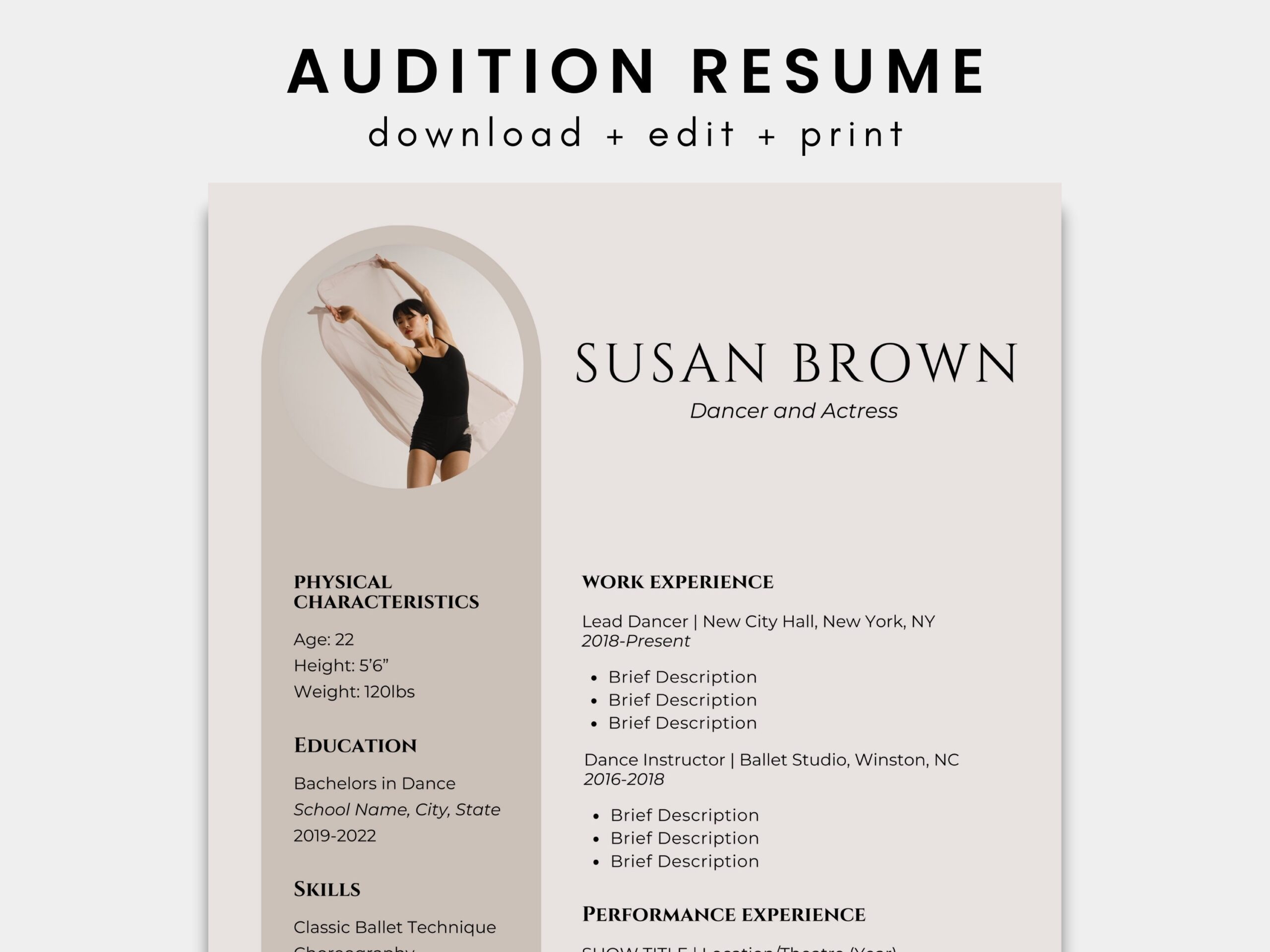 Dance Audition Resume Template Headshot Cover Letter canva Etsy
