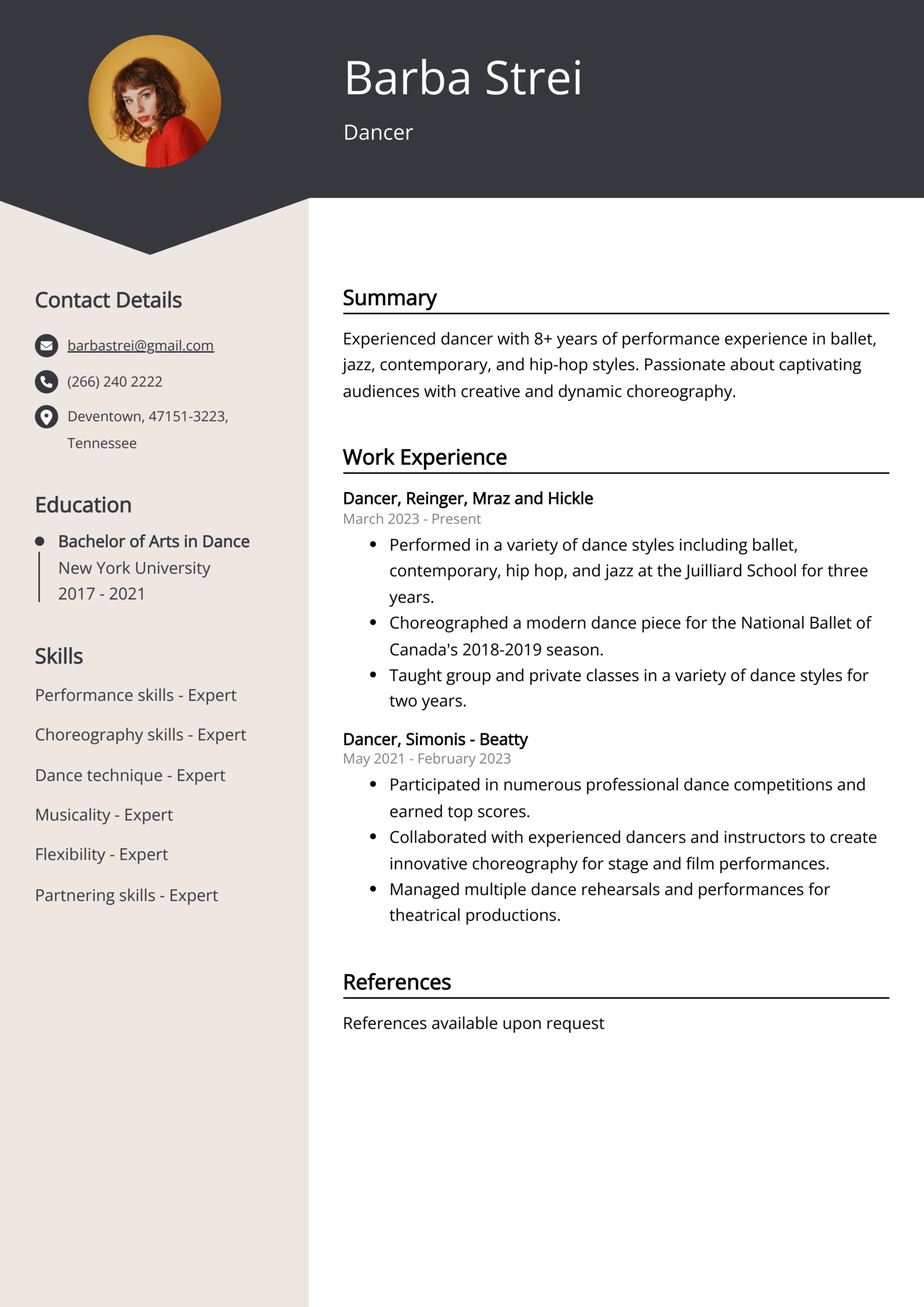 Dancer Resume Example Free Guide 