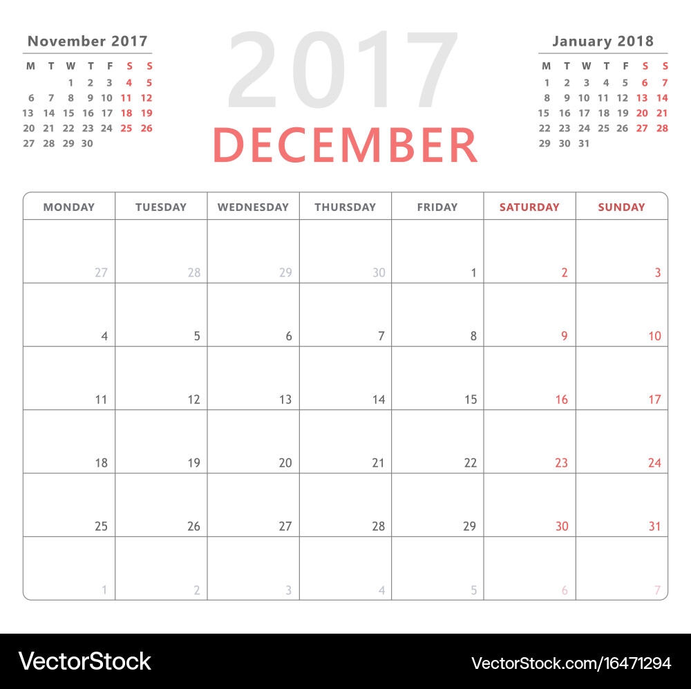 December 2017 Calendar Weekly Planner Royalty Free Vector VectorStock
