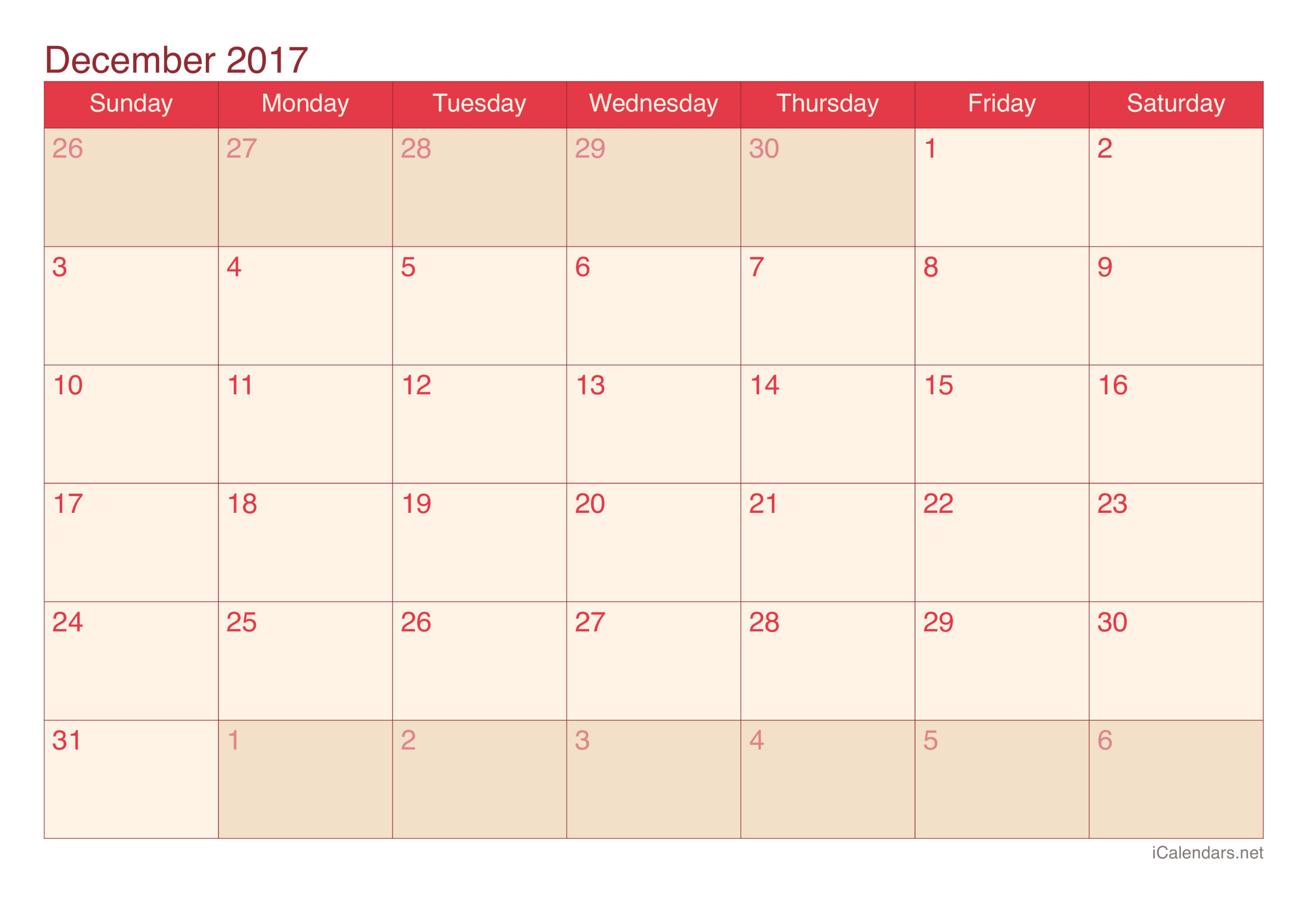 calendar template december 2017