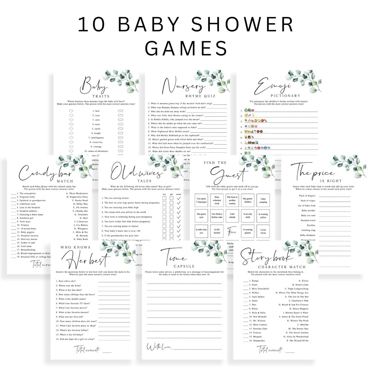 Editable Baby Shower Game Templates Greenery Party Activities
