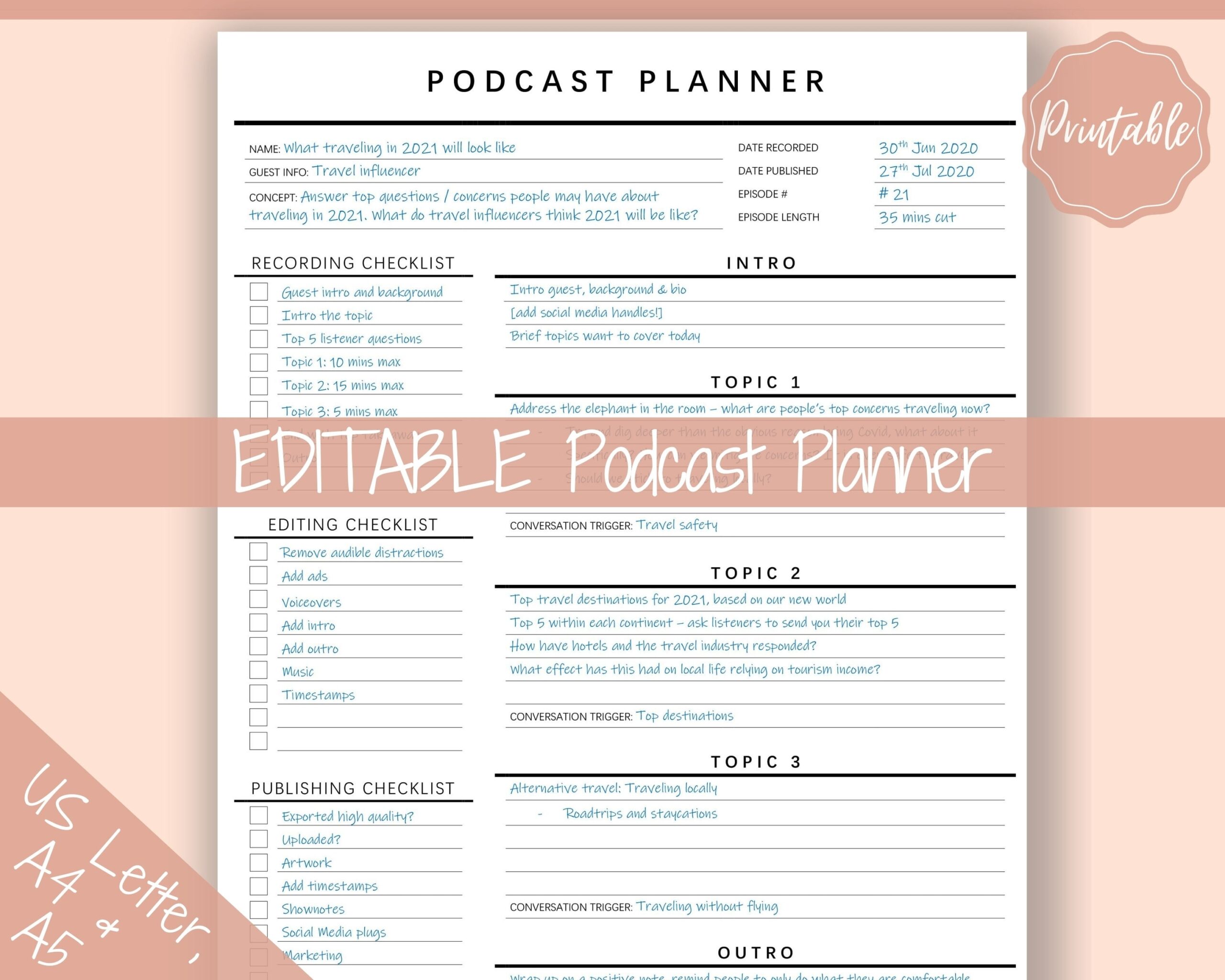 EDITABLE Podcast Planner Template Podcast Checklist Content Calendar Logo Printable Pod Cast Script Plan Worksheet Tracker Word PDF Etsy