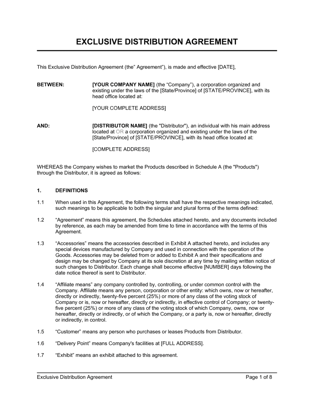 Exclusive Distribution Agreement Template Free Word PDF