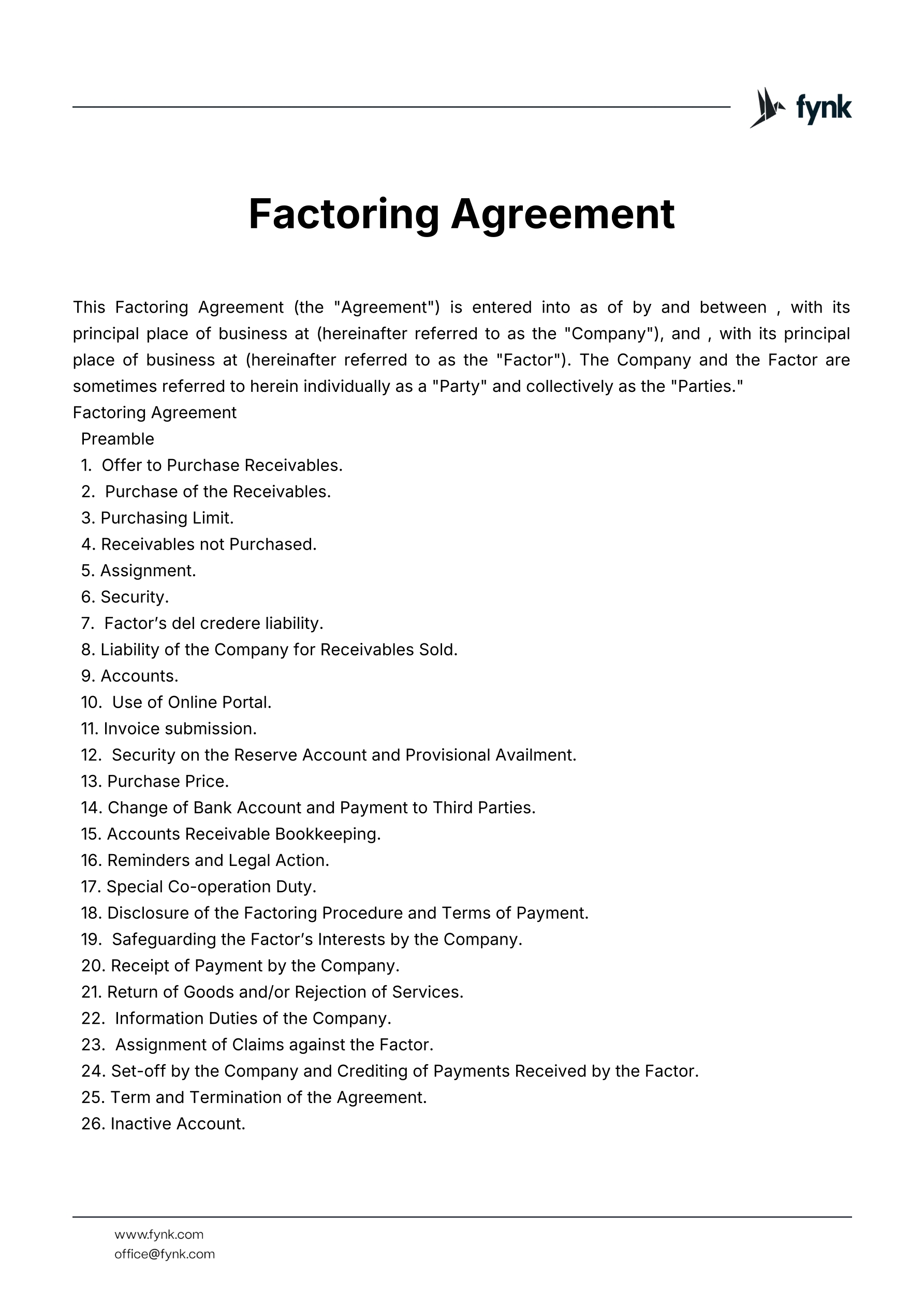 Factoring Agreement Template sale And Purchase Of Receivables Fynk