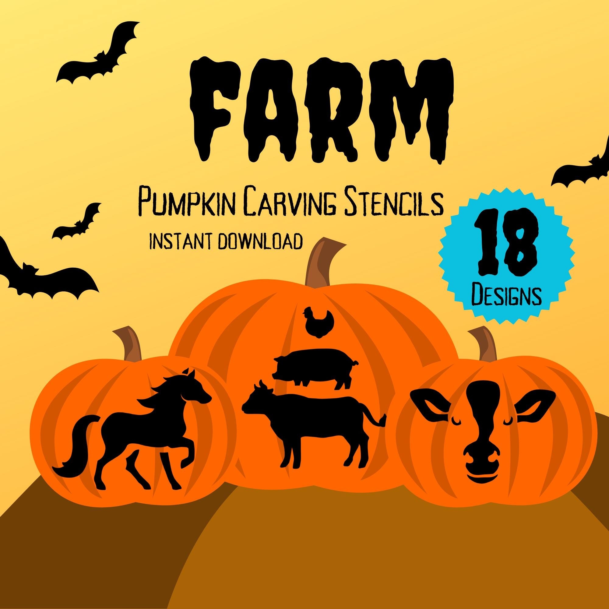 Farm Animal Pumpkin Carving Stencils 18 Unique Halloween Jack O lantern Carving Patterns Etsy Israel
