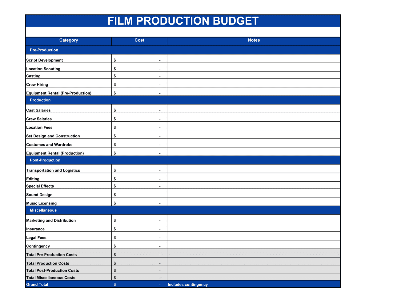 film budget template film budget template