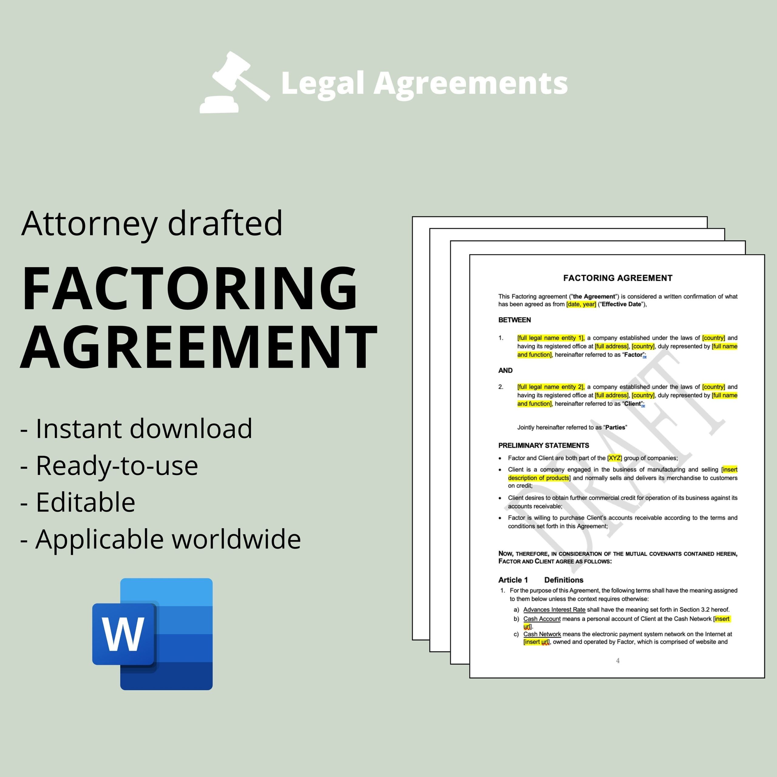 Financial Factoring Agreement Template Attorney Drafted instant Download Etsy