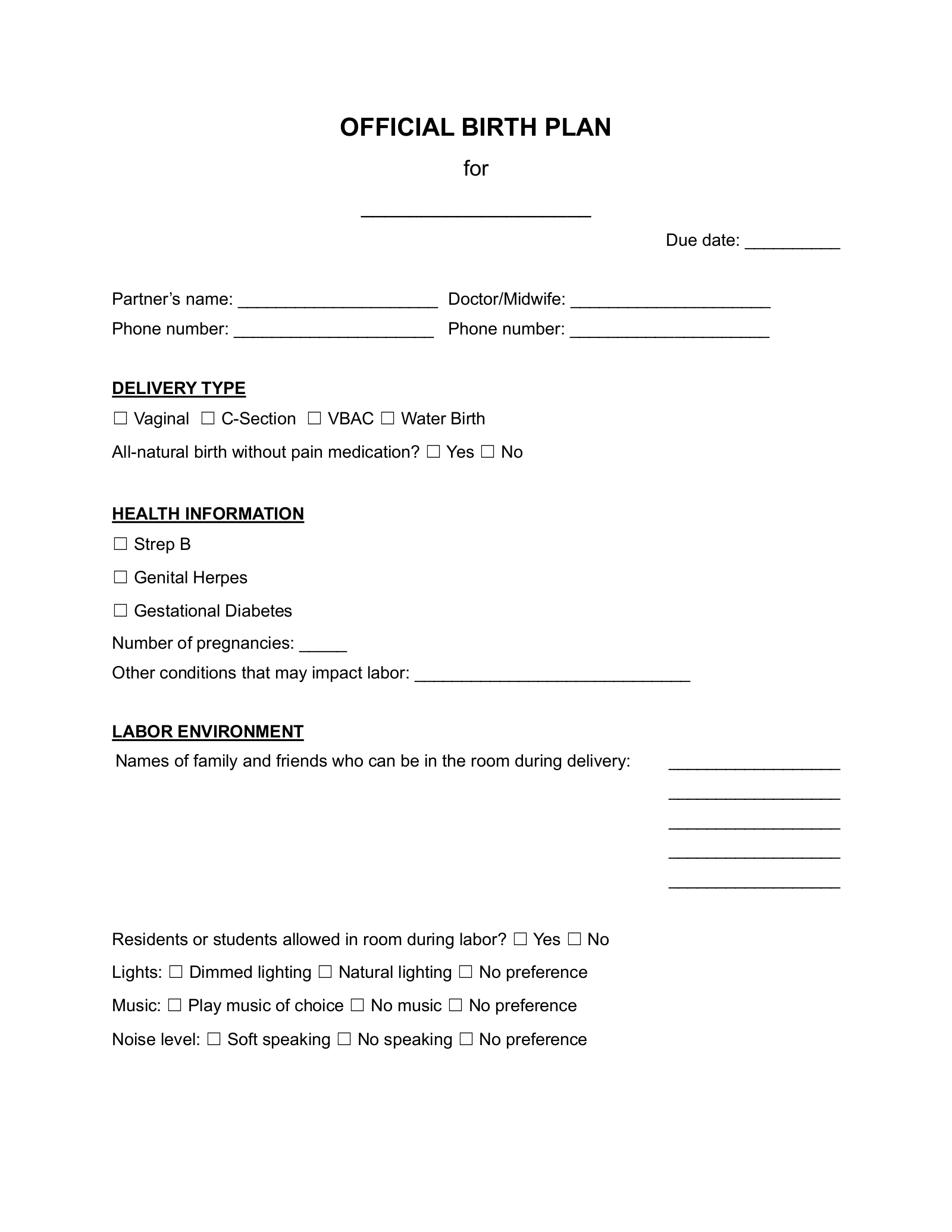 birth plan template free birth plan template free