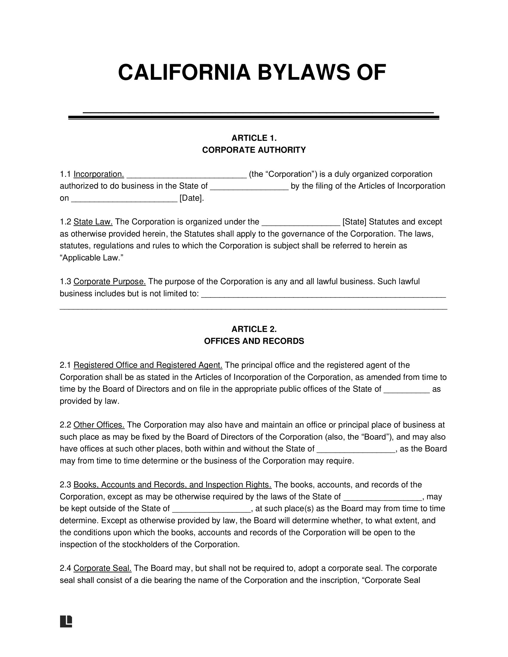 Free California Corporate Bylaws Template PDF Word