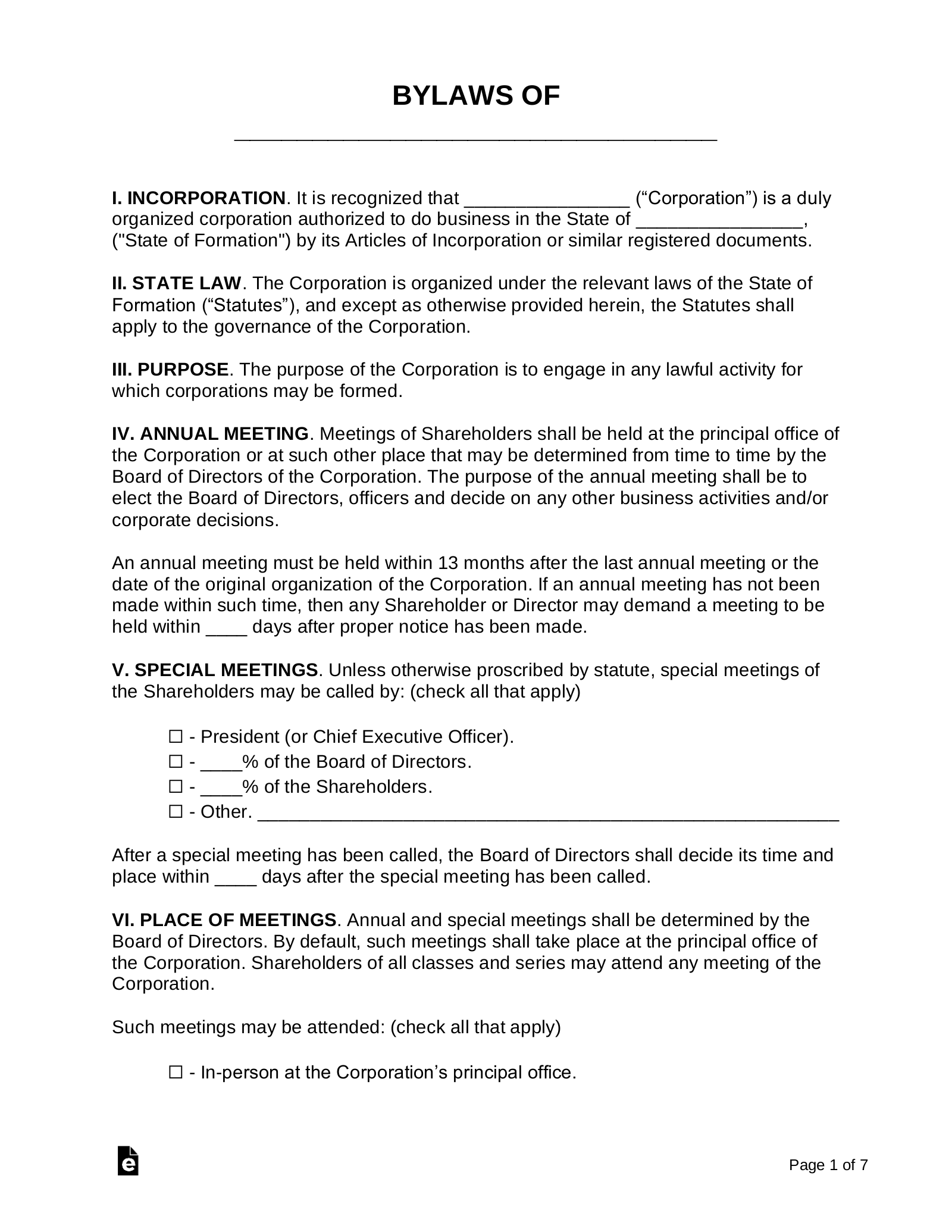 Free Corporate Bylaws Template PDF Word EForms