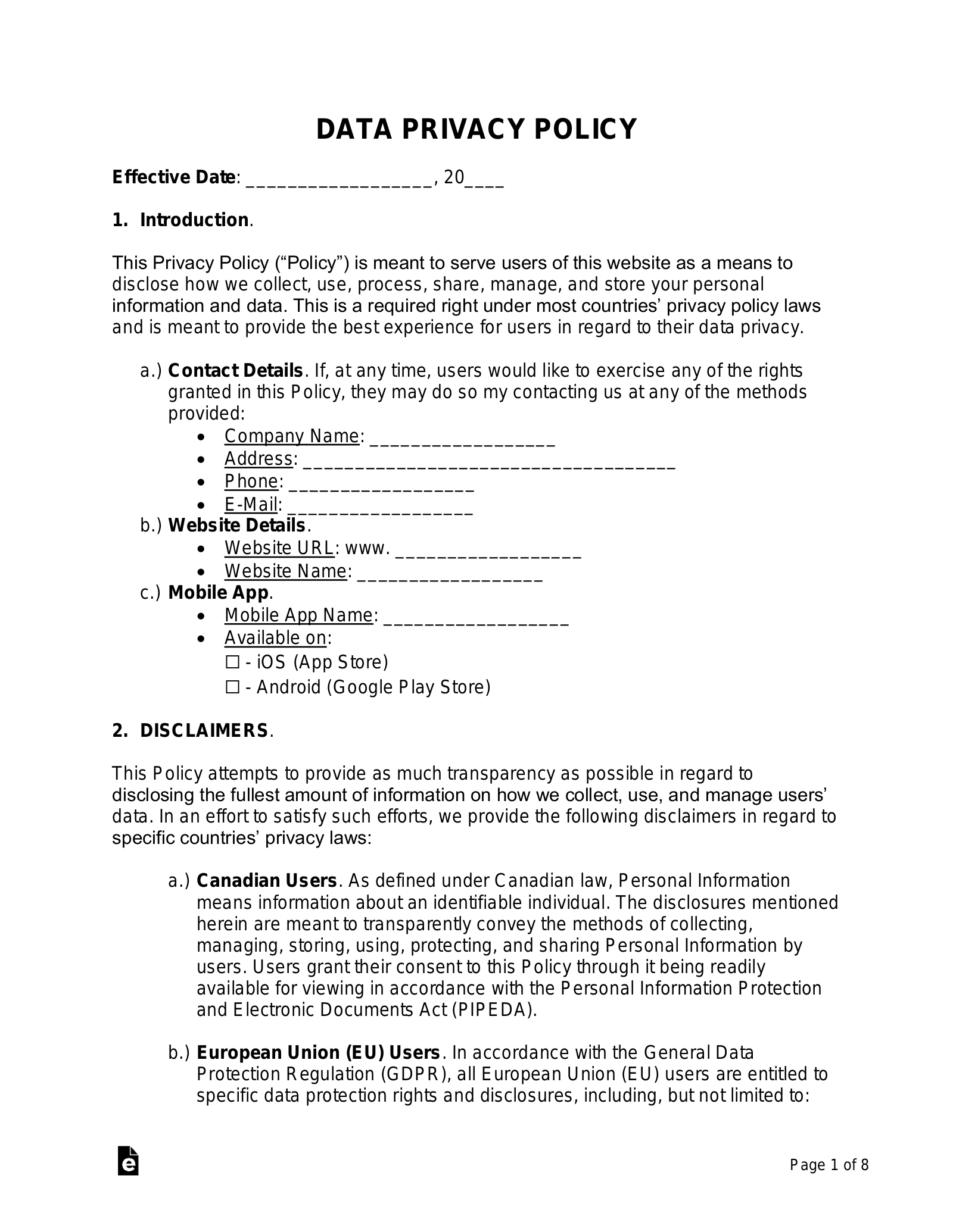 Free Data Privacy Policy Template Generator PDF Word EForms Free Data Privacy Policy Template Generator PDF Word EForms