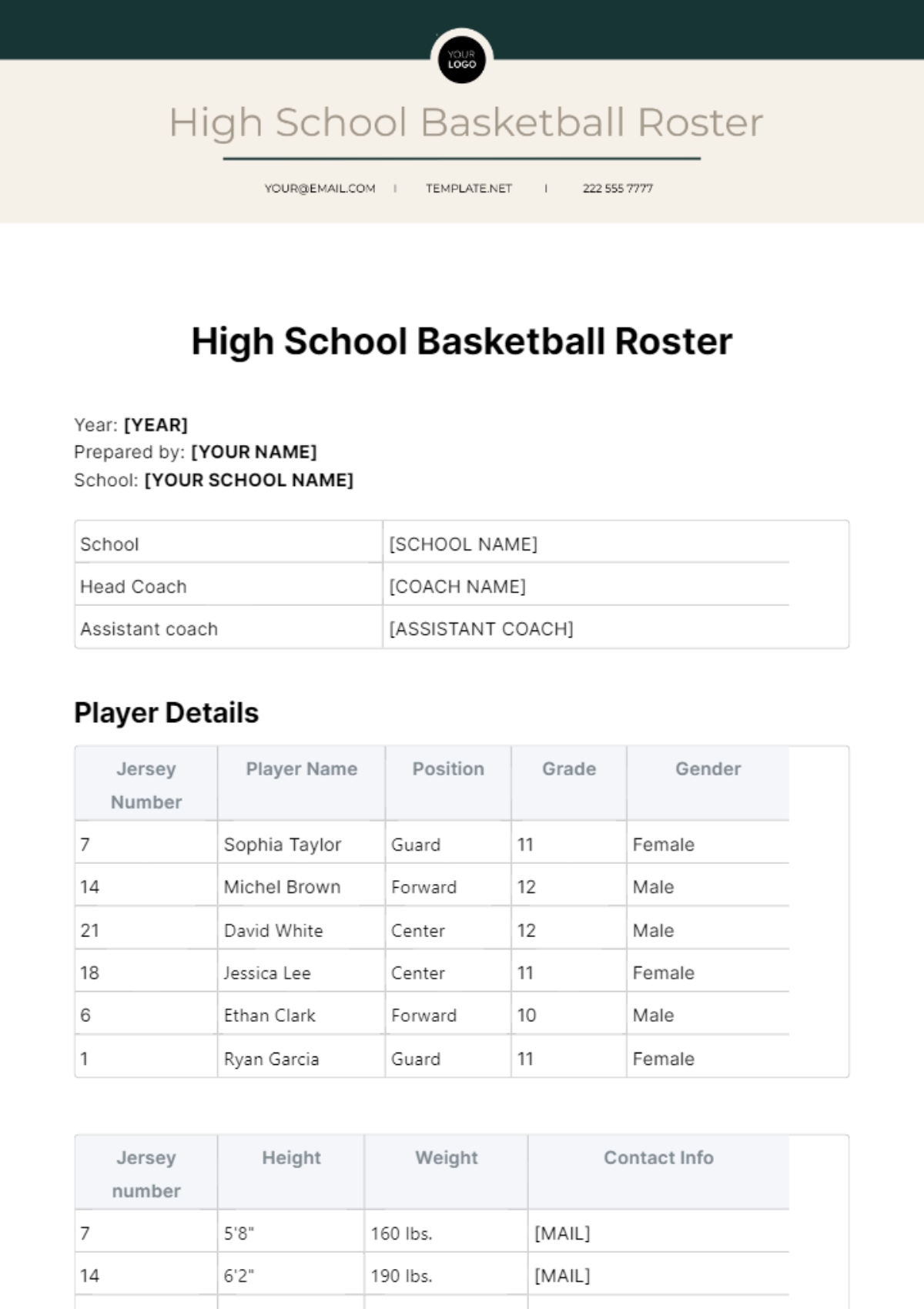 basketball roster template