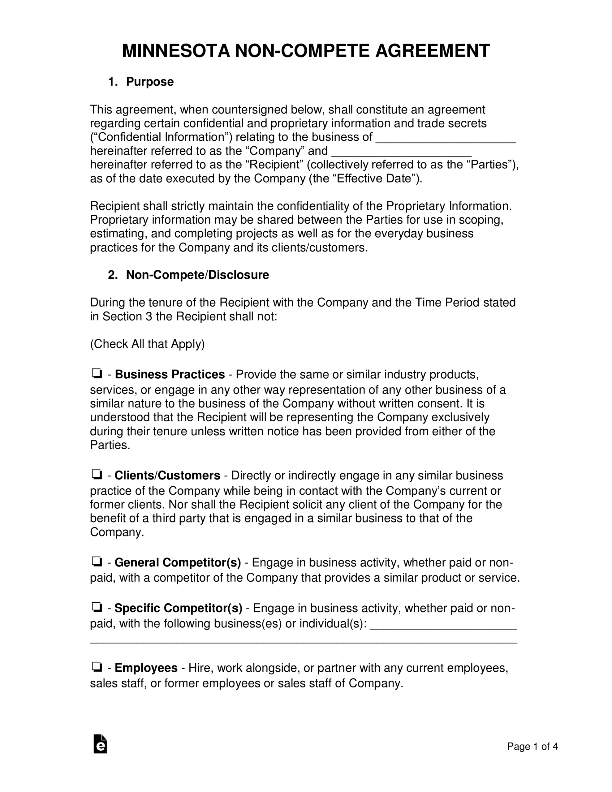 Free Minnesota Non Compete Agreement Template PDF Word EForms