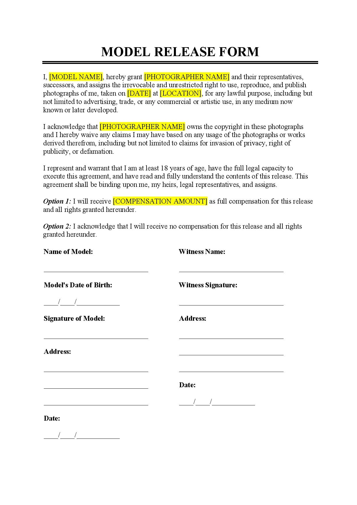 Free Model Release Form Template PDF Word
