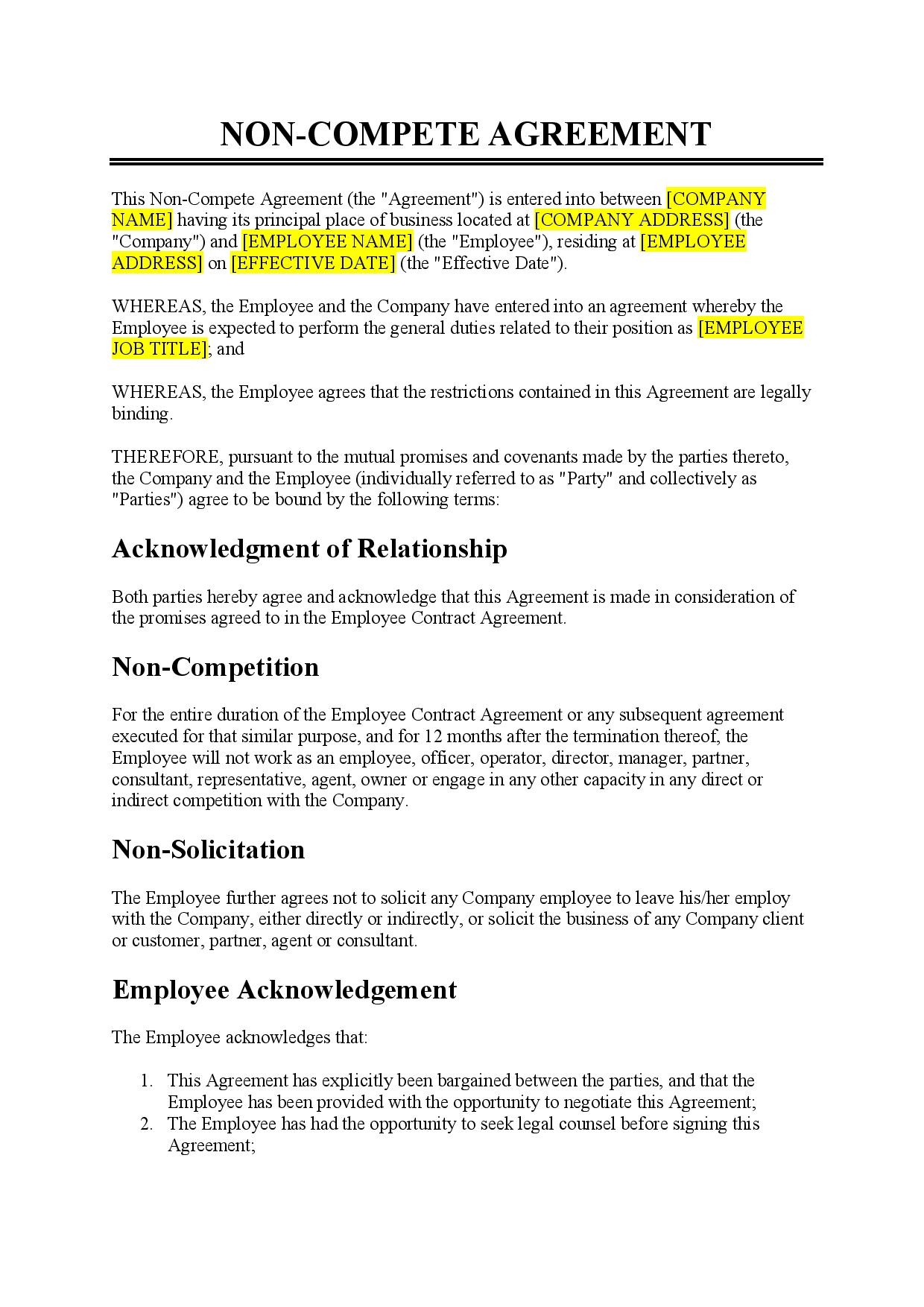 non compete agreement template