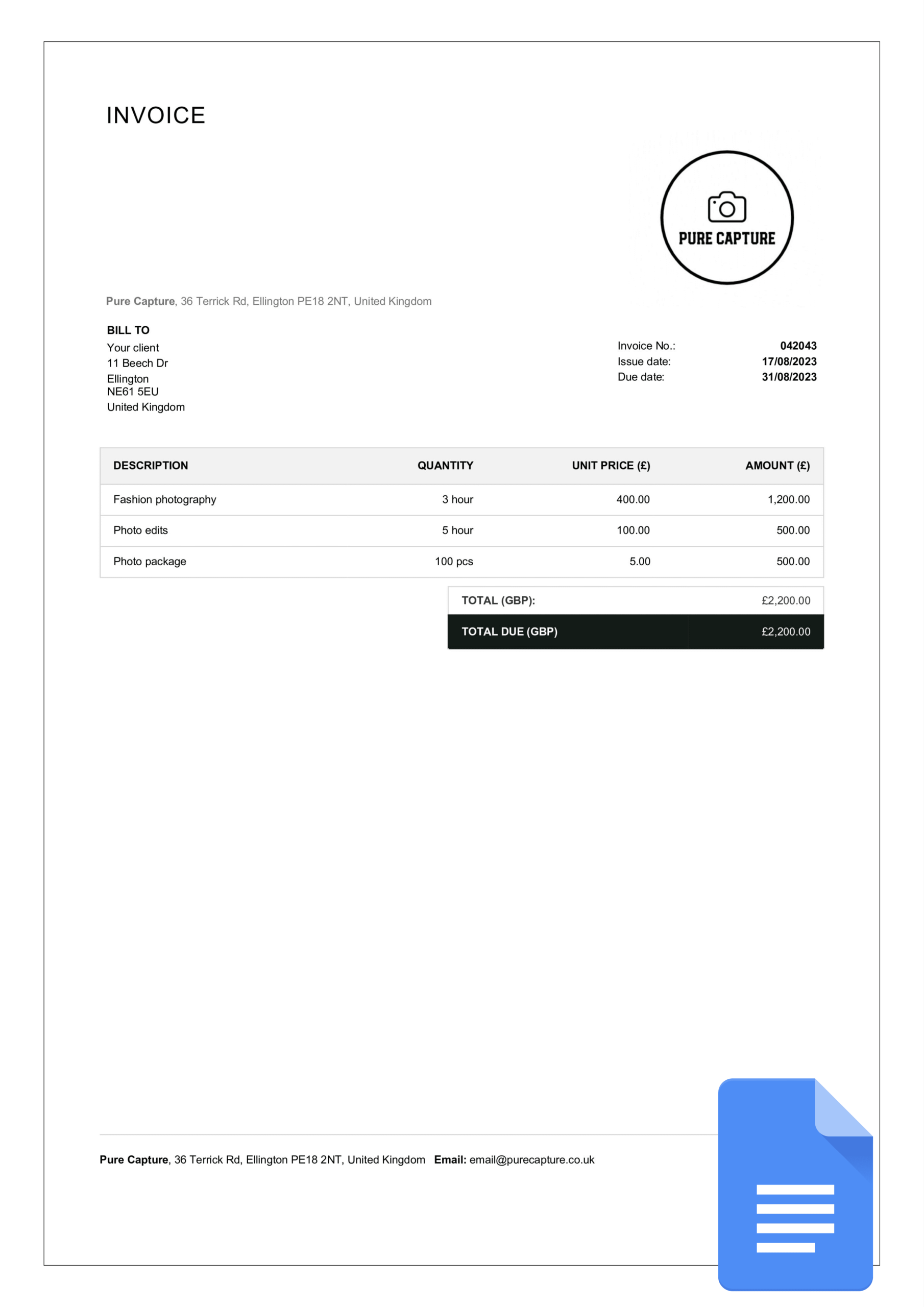 Free Photography Invoice Templates In Google Docs Billdu