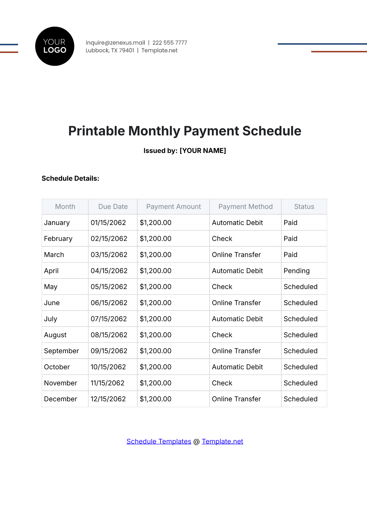 Free Printable Monthly Payment Schedule Template To Edit Online Free Printable Monthly Payment Schedule Template To Edit Online