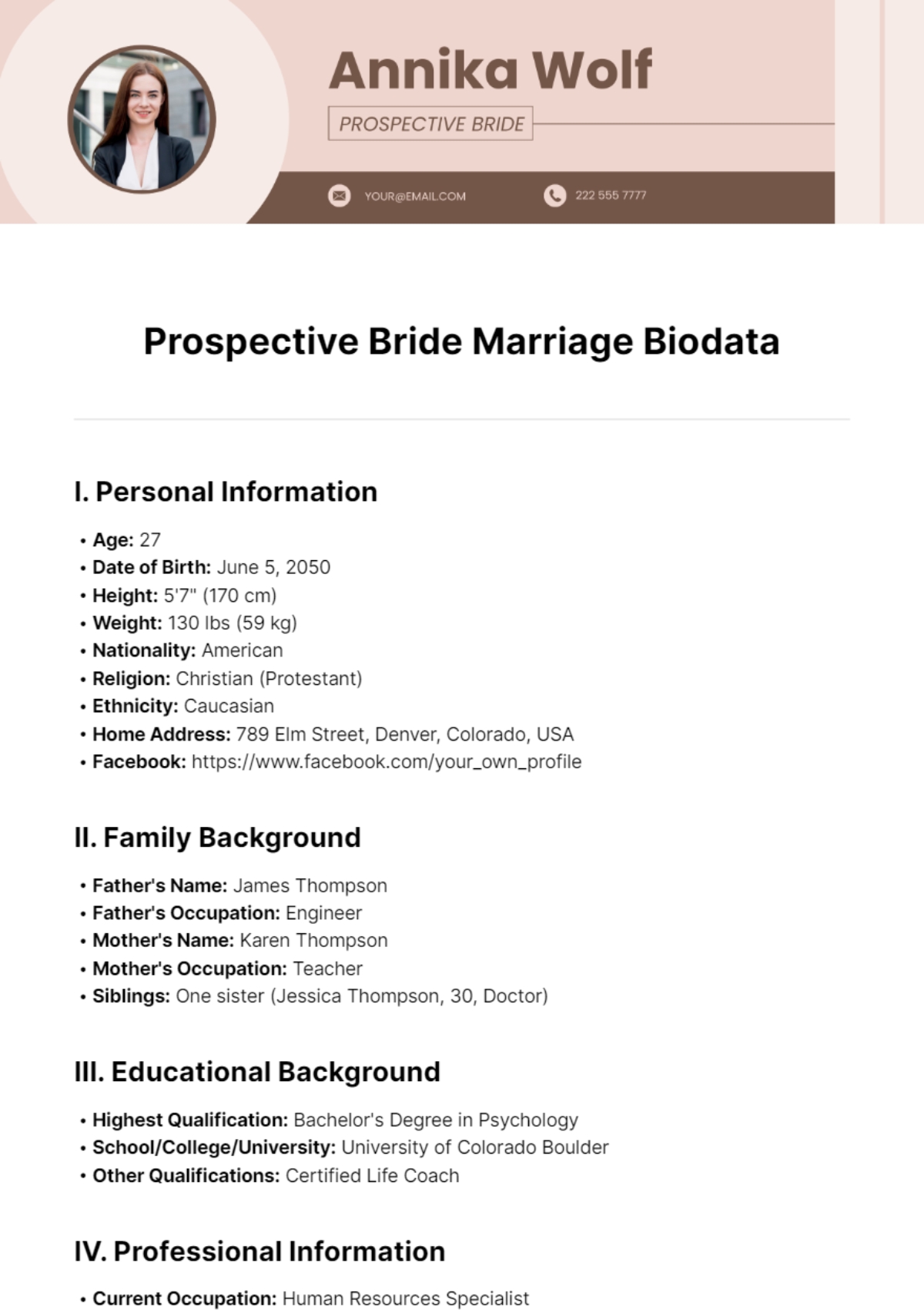 Free Prospective Bride Marriage Biodata Template To Edit Online