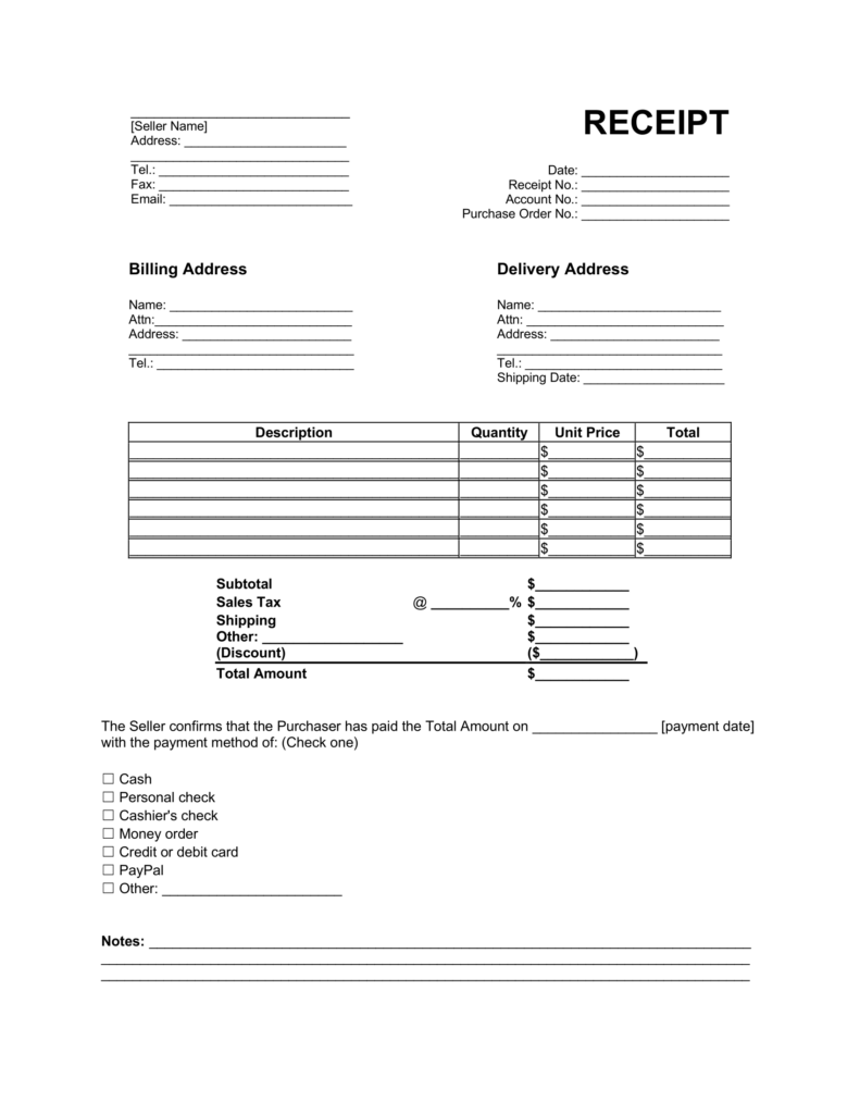 receipt of payment template