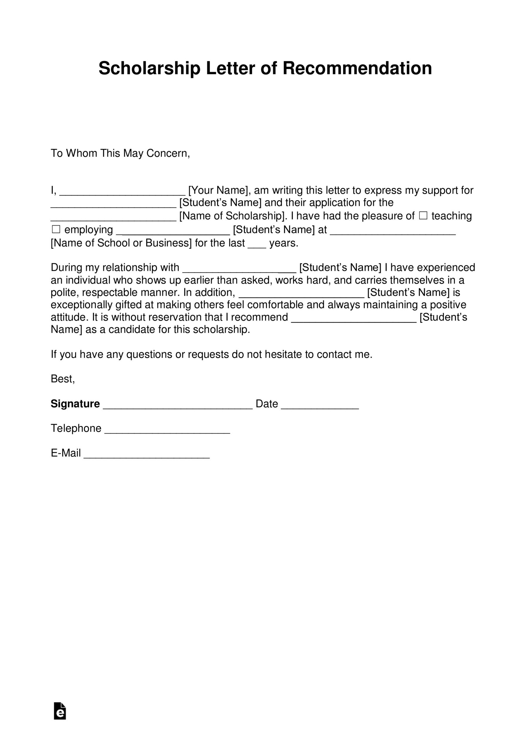 Free Recommendation Letter For Scholarship Template With Samples PDF Word EForms Free Recommendation Letter For Scholarship Template With Samples PDF Word EForms