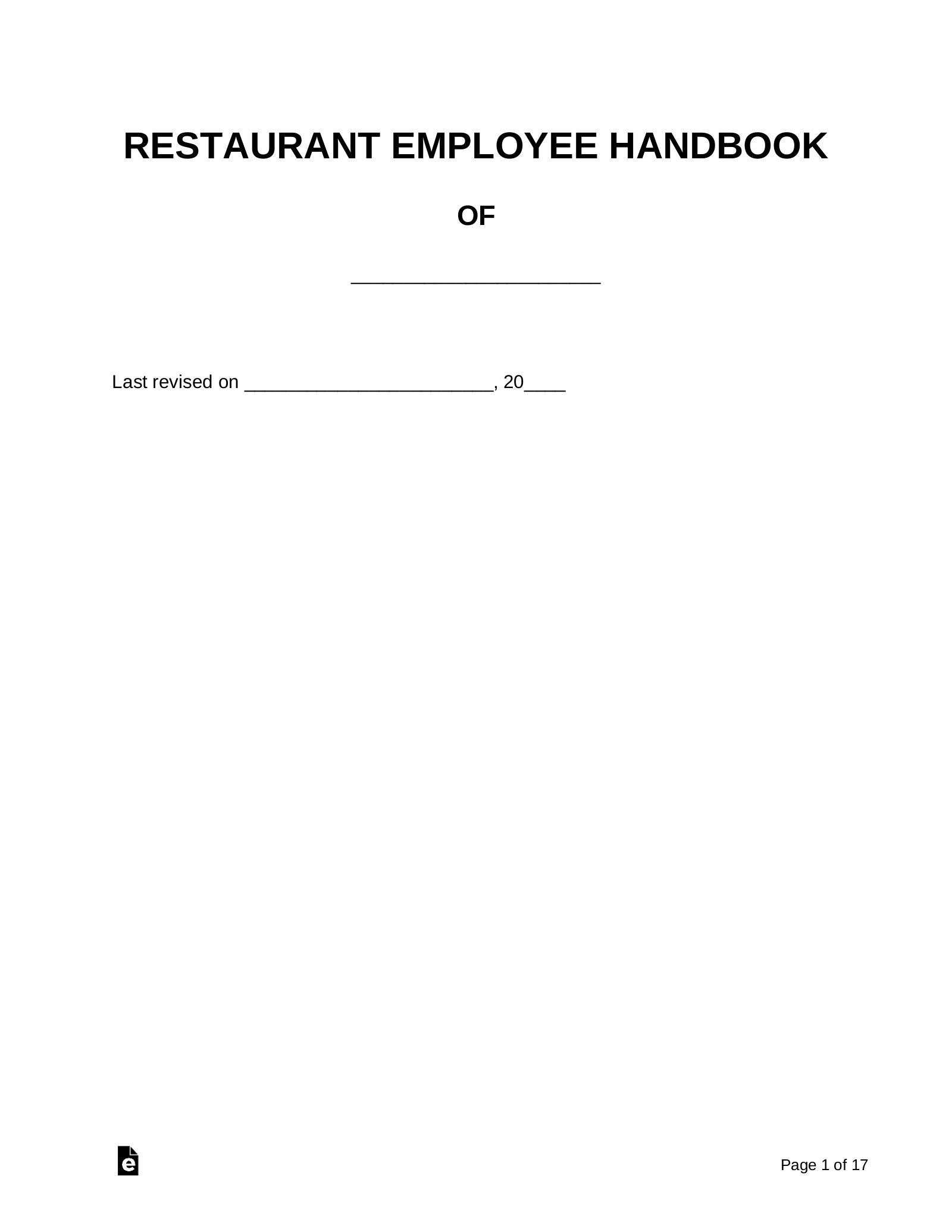 Free Restaurant Employee Handbook Template Sample PDF Word EForms