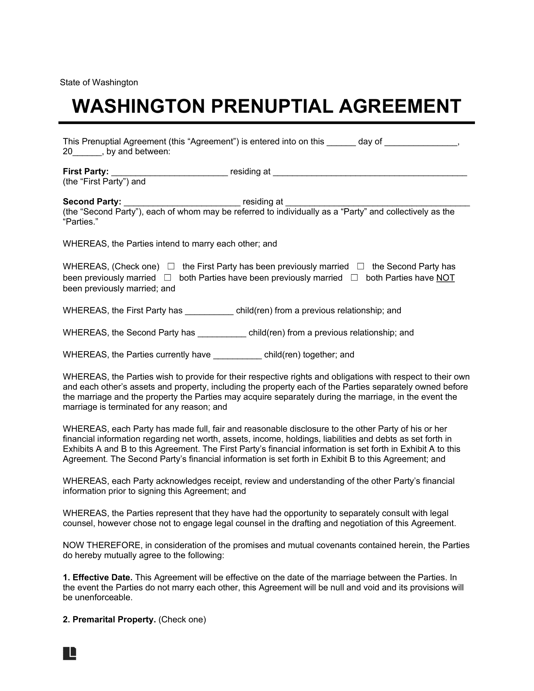 Free Washington Prenuptial Agreement Template PDF Word