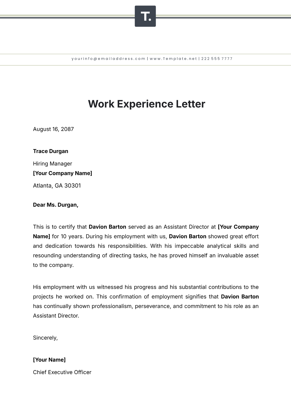 Free Work Experience Letter Templates Editable And Printable