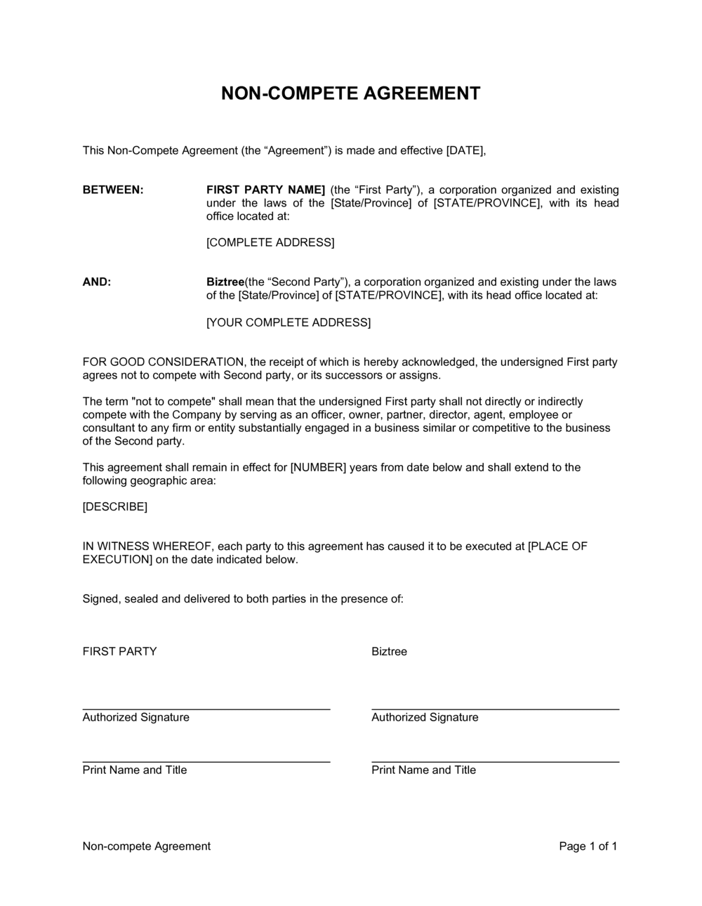 General Non Compete Agreement Template Free Word PDF