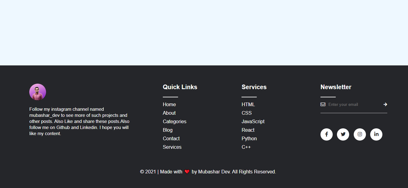 GitHub Mubashar nouman Responsive footer HTML CSS This GitHub Repository Contains A Responsive Footer Design Using HTML And CSS The Footer Is Designed To Adapt To Different Screen Sizes And Devices Providing A Seamless User Experience GitHub Mubashar nouman Responsive footer HTML CSS This GitHub Repository Contains A Responsive Footer Design Using HTML And CSS The Footer Is Designed To Adapt To Different Screen Sizes And Devices Providing A Seamless User Experience