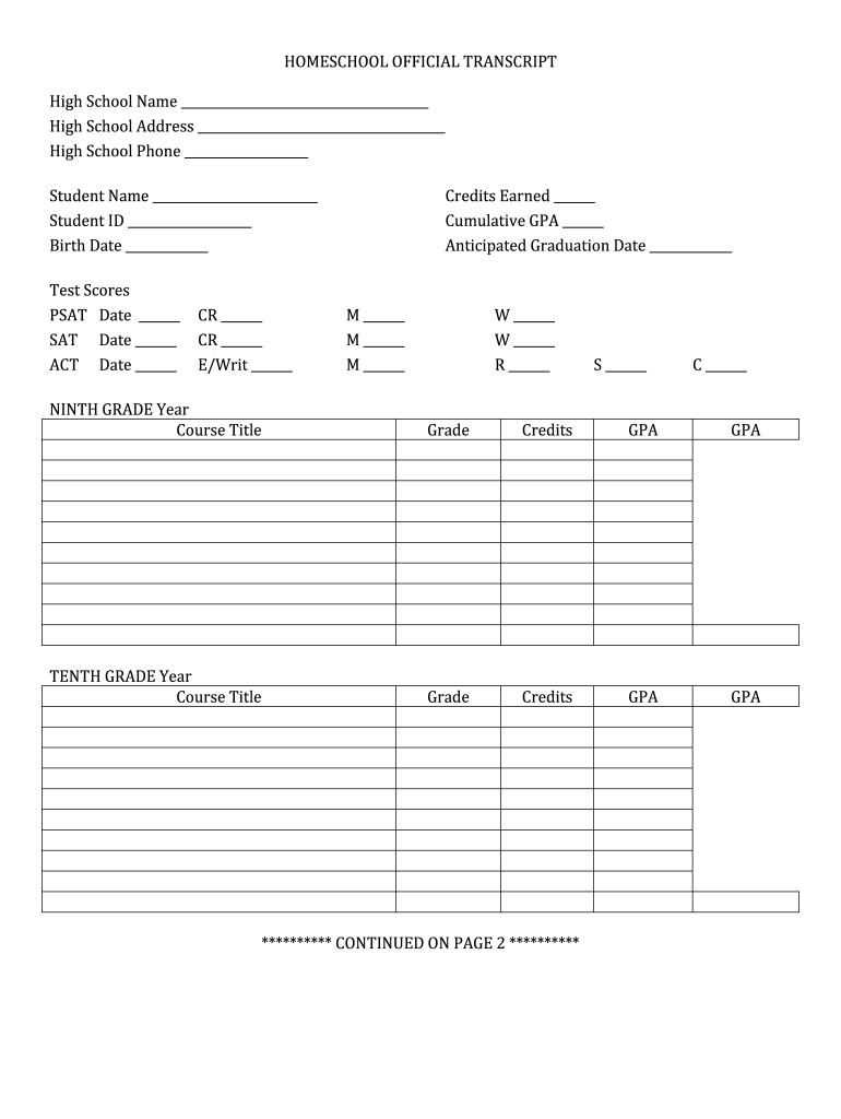 Homeschool Official Transcript Blank Fillable Template Fill Out Print Download PDF PdfFiller