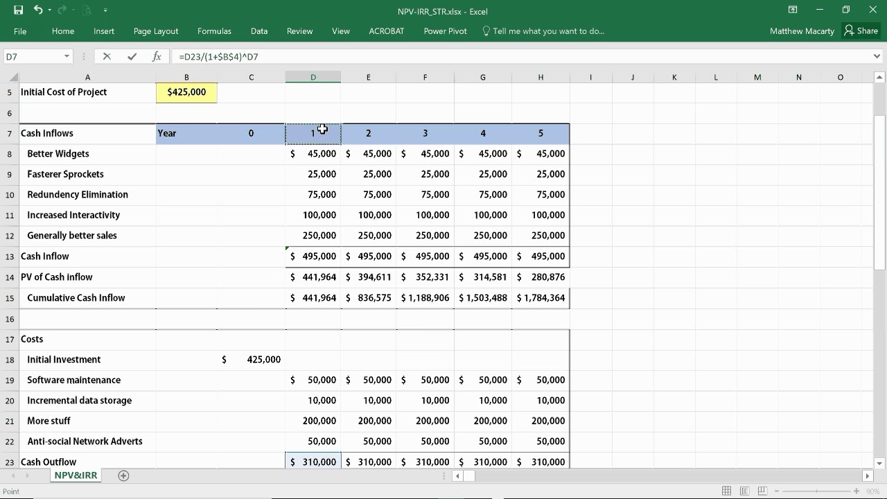 How To Calculate NPV IRR ROI In Excel Net Present Value Internal Rate Of Return YouTube