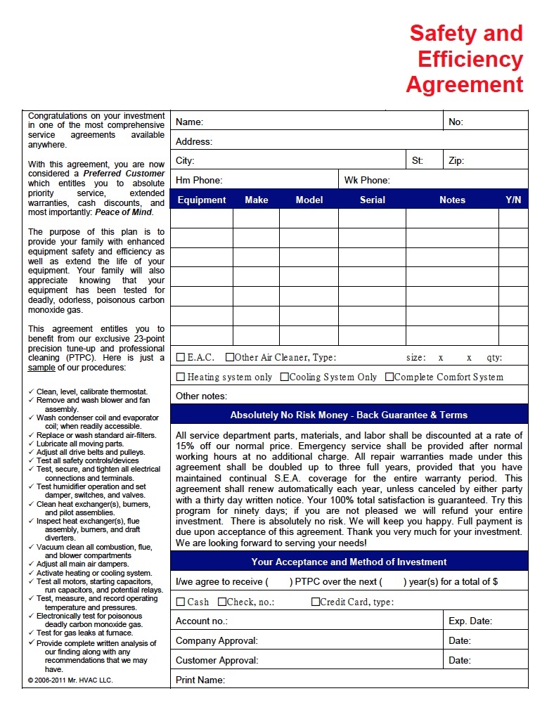 HVAC Service And Maintenance Agreement Mr HVAC