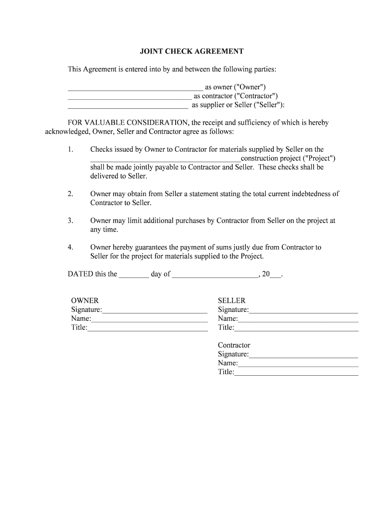 Joint Check Agreement Blank Fillable Template Fill Out Print Download PDF PdfFiller