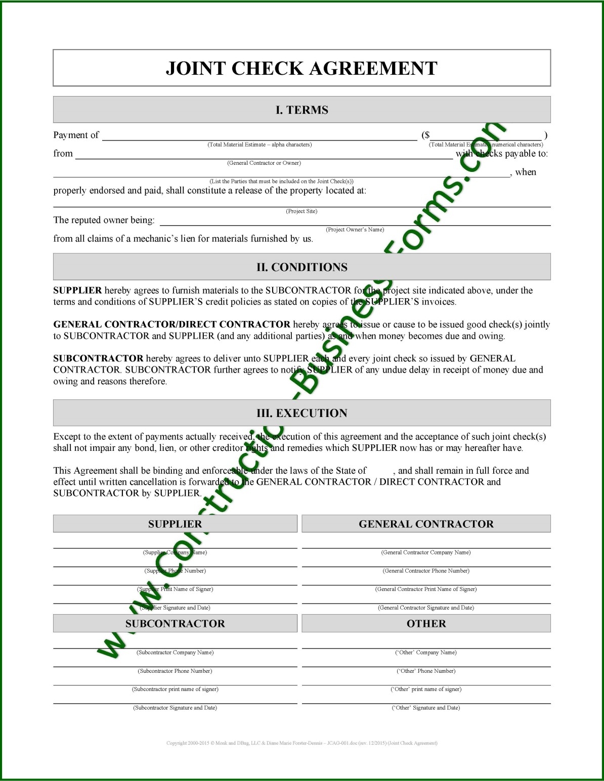 Joint Check Agreement Form Instant Download Use Fill in able