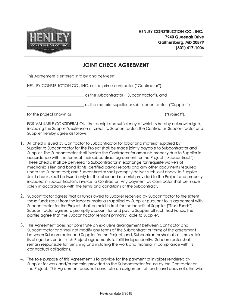 Joint Check Agreement Template Fill Out Sign Online DocHub