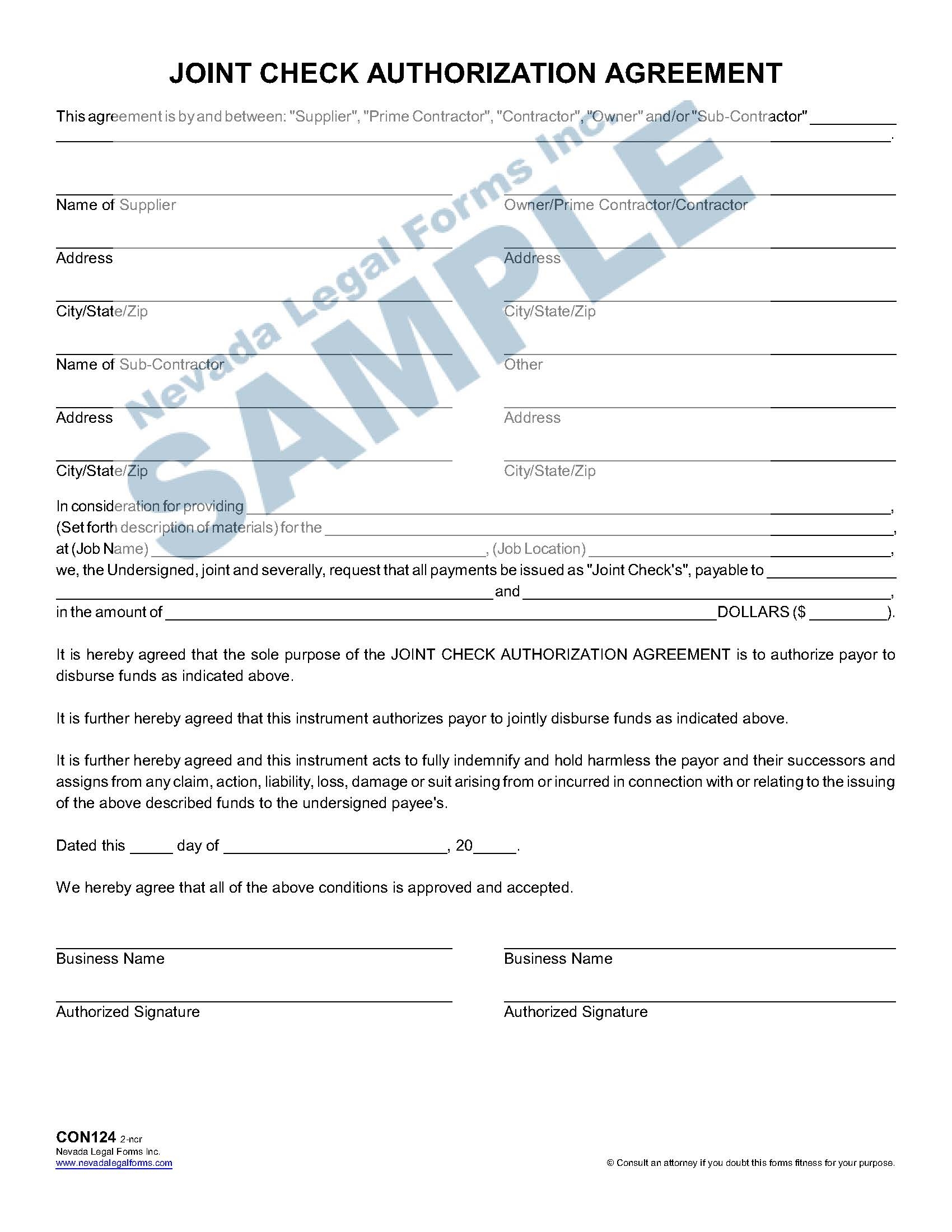 JOINT CHECK AUTHORIZATION AGREEMENT Nevada Legal Forms Services
