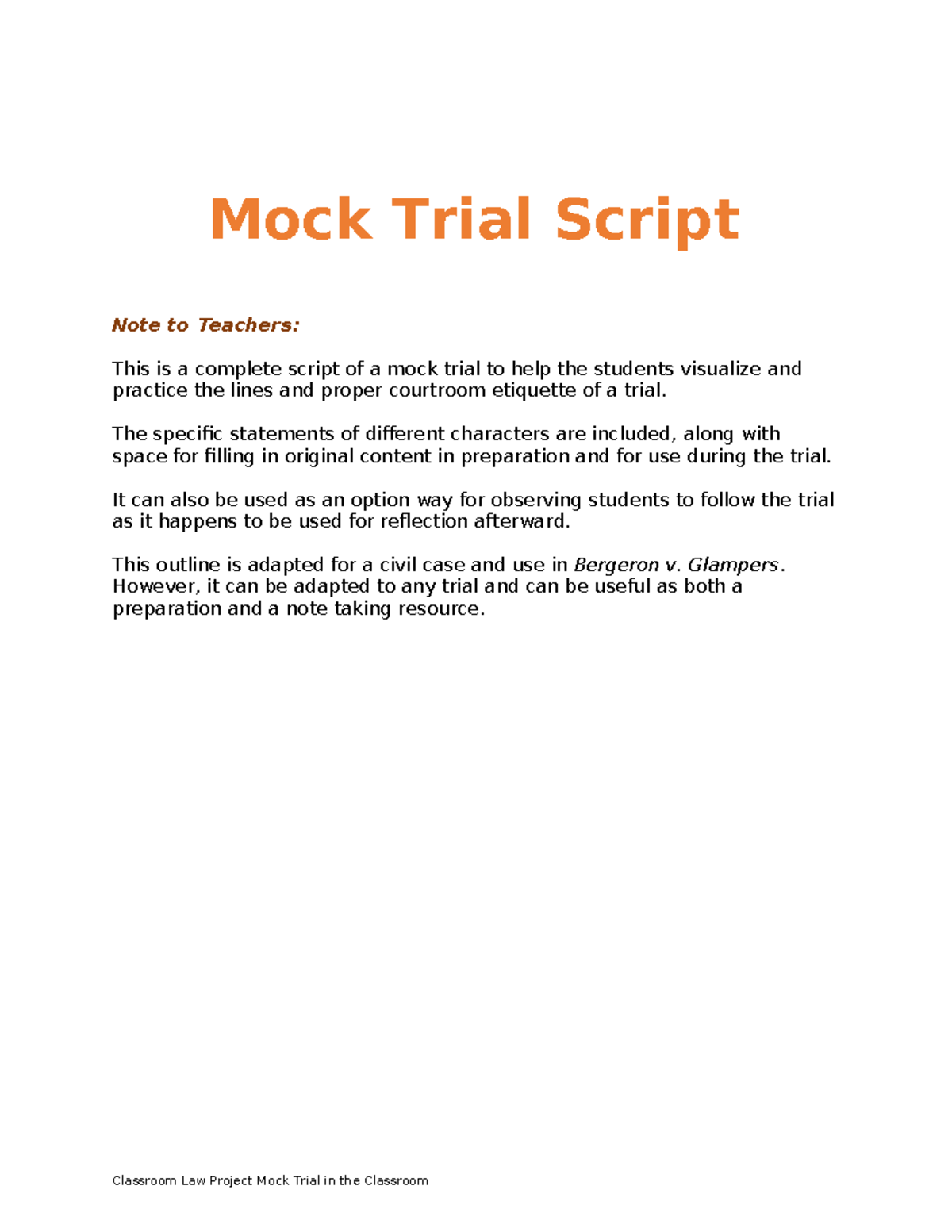 MOCK TRIAL SCRIPT BERGERON V GLAMPERS CLASSROOM ACTIVITY Studocu